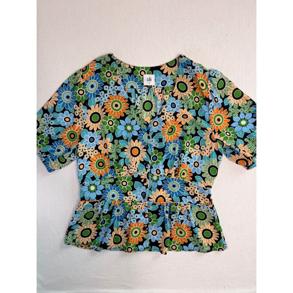 Cabi Size M Retro Floral Peplum Blouse Blue Green Orange Mod Print Button Front
